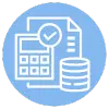 Calculator, document, checkmark, and coin stacks.