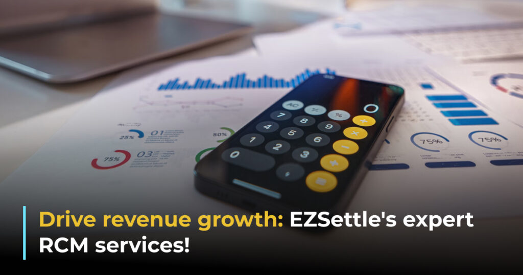 Calculator on charts with revenue growth.