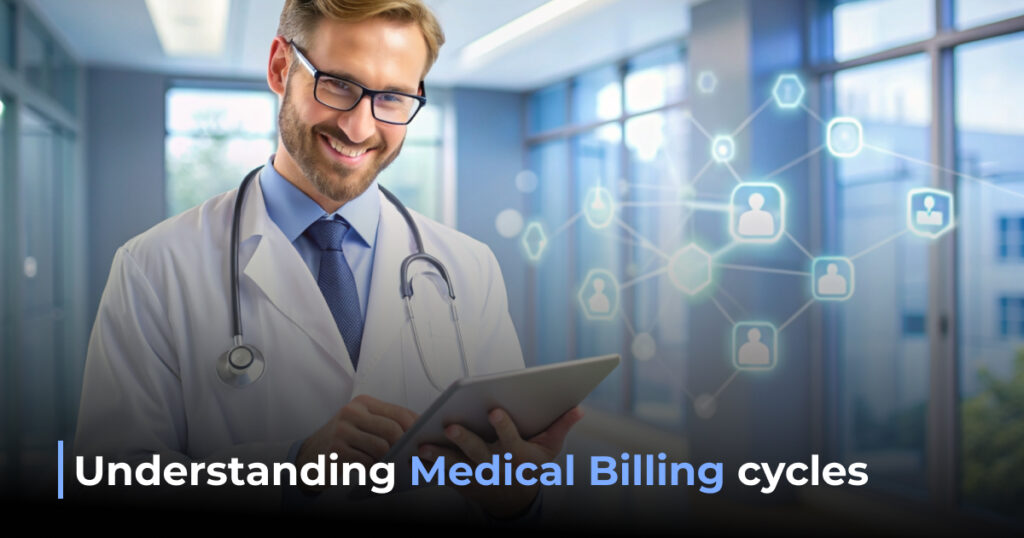 Smiling doctor using tablet, medical billing.